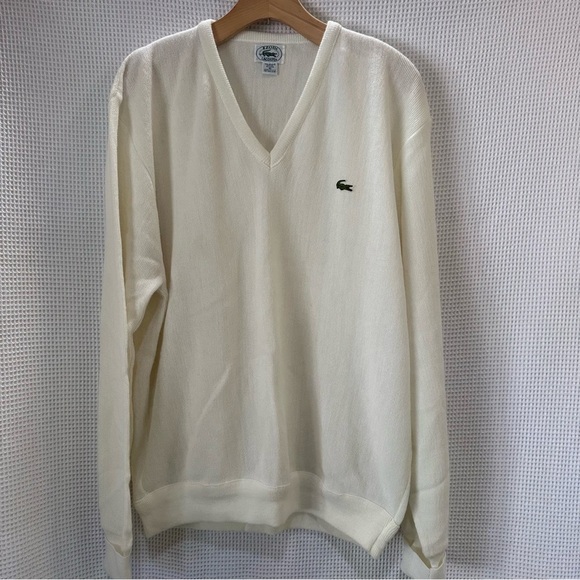 VINTAGE Izod Lacoste Sweater Men's XL White Alligator Knit V Neck Golf USA - Picture 1 of 5
